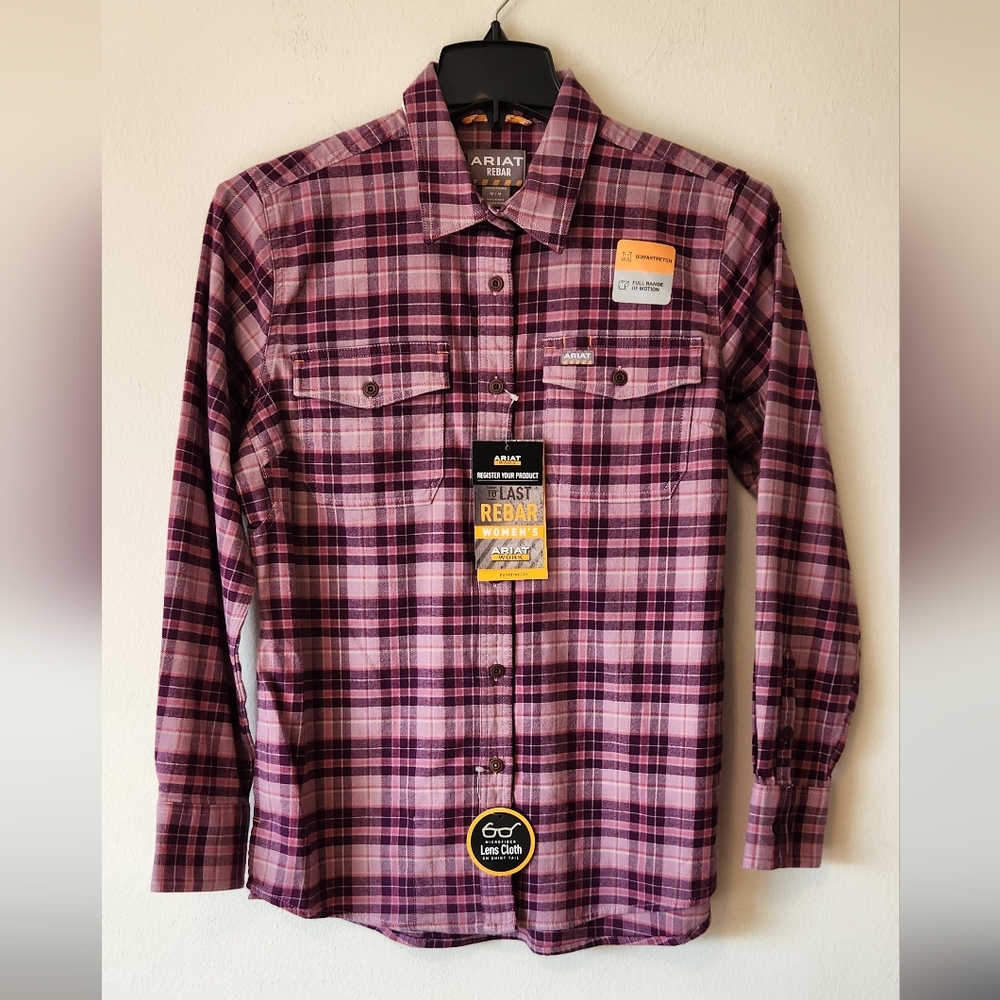 Ariat Rebar Women Medium Purple Plaid Cotton Stretch Button Front Shirt Sz Med